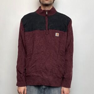 Carhartt Mens Quarter Zip Burgundy Knit Sweater Black Canvas Workwear 2XL